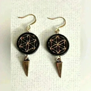 Handmade pressed black and gold flower of life Czech glass earrings *NEW*